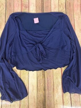 Navy Sheer Mesh Tie Front Bell Sleeve Crop Top Y2K Fairycore Going Out Top